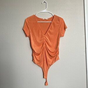 Mi Ami Orange Ruched V-Neck bodysuit